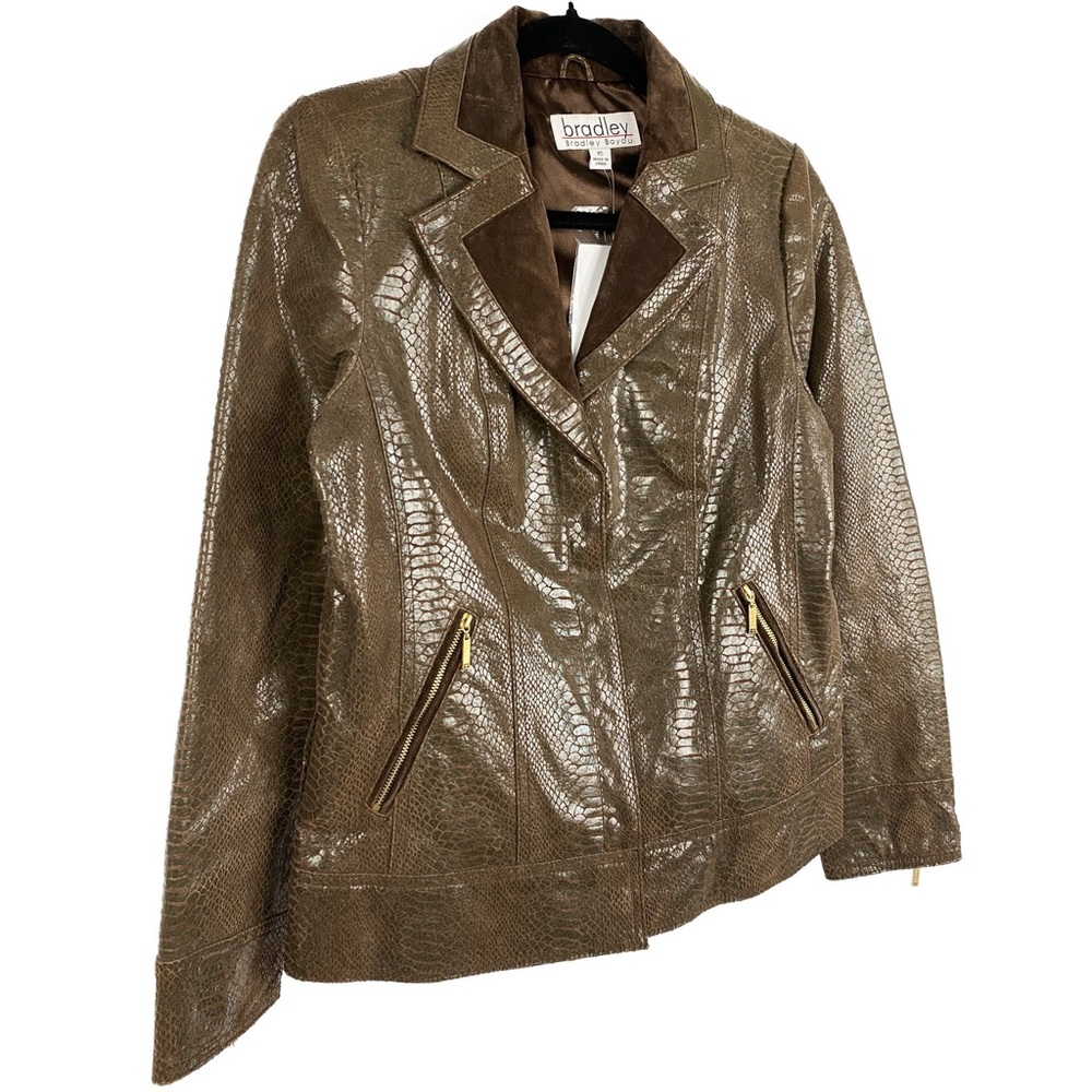 NWOT Bradley Bayou 100% Genuine Leather Snake Skin Croc Embossed Jacket Brown XS